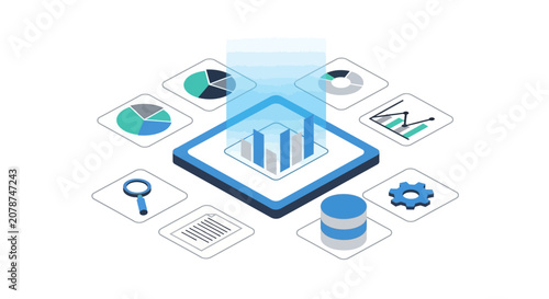 A digital interface displays various business data charts and analytical icons