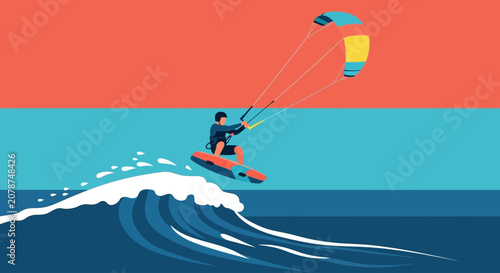 Tableau sur toile Kite Surfing Vector Illustration - Vibrant Ocean Waves & Sky Backdrop