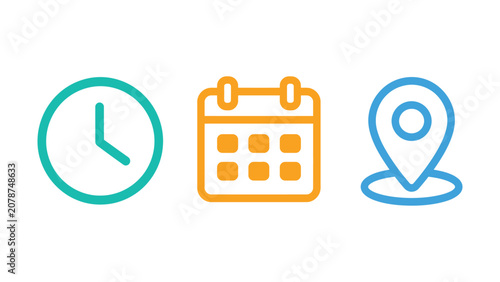 Calendar clock and location pin icons representing time date and place. date time location notification icon set. Address, time, calendar bell notification icons collection. 
