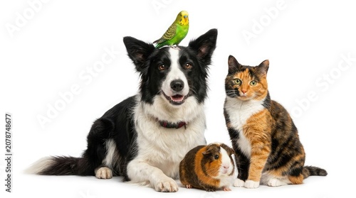 A dog, cat, guinea pig, and parrot sit together on the ground.