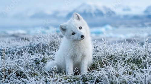 An Arctic Fox Pup Sits on Frosty Tundra Grass with Snowy Mountains