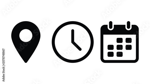  Calendar, clock, and location pin icons. Time, date, and address icon vector set for events, banner, poster, meeting, agenda, invitation and business cards
