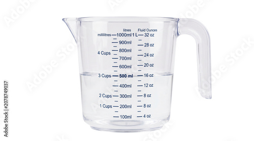 Plastic measuring jug with volume markings, isolated on transparent background