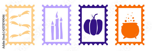 Cute Halloween postage stamps and badges with spooky creative elements, icons of ghosts, pumpkins, skulls.