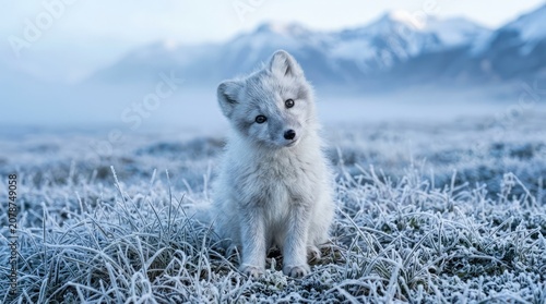A white arctic fox standing on frosty grass in a field with snow-capped mountains in the background during winter.