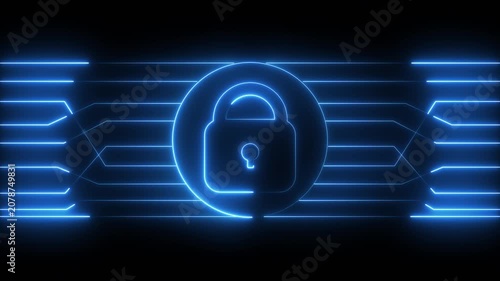 Blue Neon Padlock and Circuitry Graphics on Dark Background glow. High-tech glowing green padlock with circuit graphics, showcasing secure systems and cyber protection.