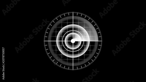 White animated radar screen technology interface. HUD sci-fi futuristic targeting system. Animated red radar screen. Digital display glowing circles grid lines blips signals.
