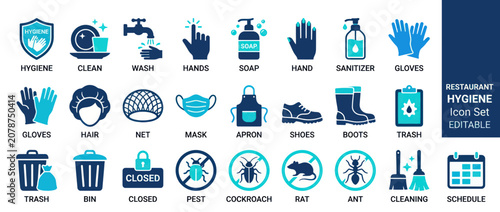 Comprehensive restaurant hygiene and food safety icon set