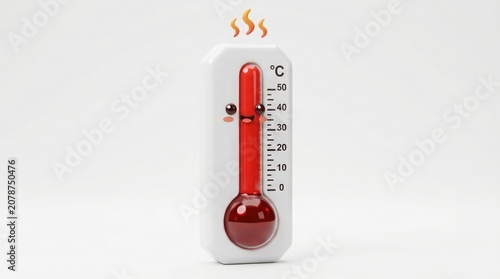 A thermometer displays high temperature with steam rising from the top on a plain surface indoors.