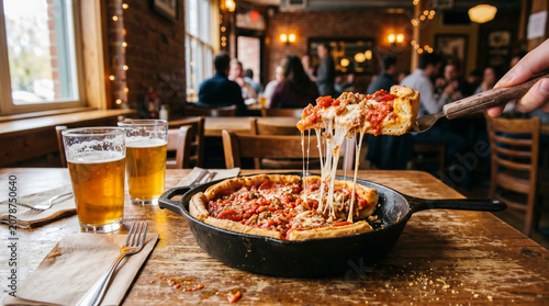 Hand taking a slice of Authentic Chicago Deep Dish Pizza with Stretching Mozzarella Cheese in Restaurant