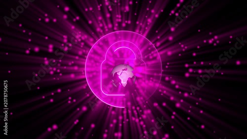 Secure digital lock safeguards international database networks. High tech digital lock protects worldwide cloud computing infrastructure. Cyber security concept utilizing a digital lock.