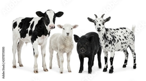 Four farm animals standing together on a plain background looking forward