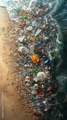 Ocean Shoreline Polluted With Plastic Waste And Debris In Aerial View