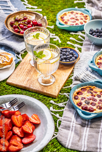 Delicious summer picnic spread with fresh fruits and baked treats on green grass