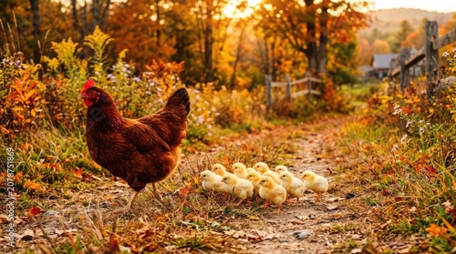 A mother hen leads her chicks along a dirt path in an autumnal forest clearing.