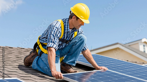 A worker is installing or checking solar panels on a rooftop under a clear blue sky; renewable energy, solar installation.