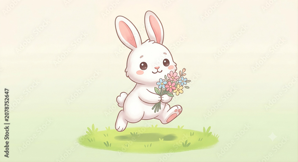 Fototapeta premium A cute white rabbit with long ears, hopping lightly across green grass; cute chibi style, soft bright colors, subtle shading, plain background, free of distracting elements.