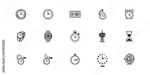 Clock Icons Illustration Set of 16 Different Timepiece Symbols with Alarm Stopwatch Timer and Globe Elements