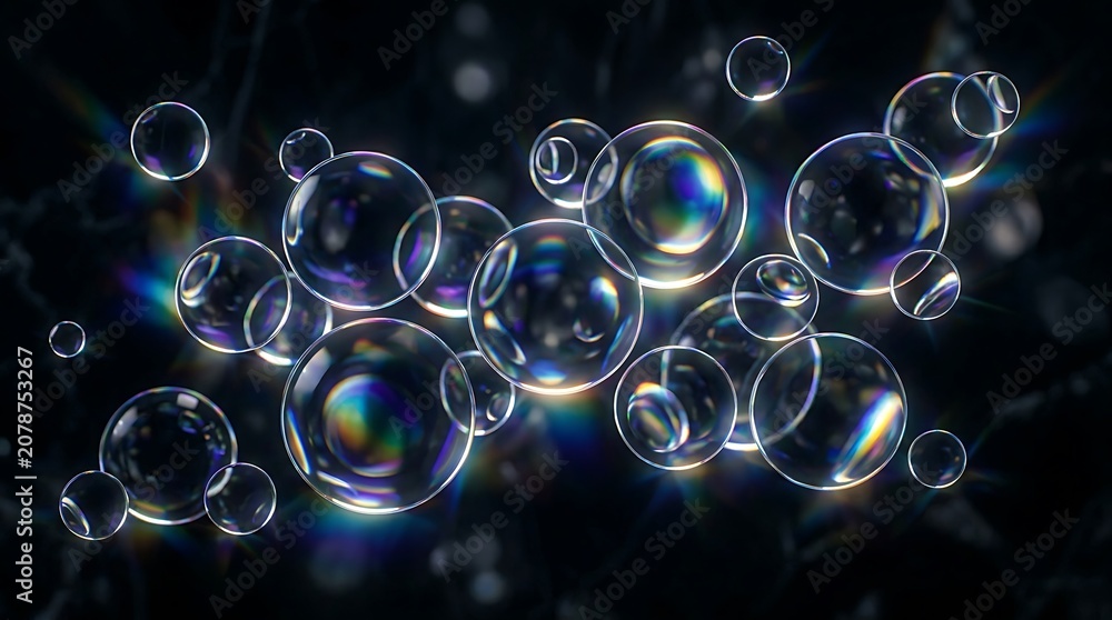 Naklejka premium Iridescent soap bubbles floating in mid-air with rainbow colors shining on their surface against a dark background on white background