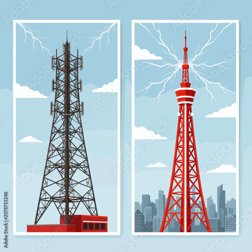 Modern Communication Towers Emitting Electricity Against Sky Background