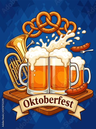 Oktoberfest Celebration with Beer Mugs Pretzels and Sausages on Wooden Board