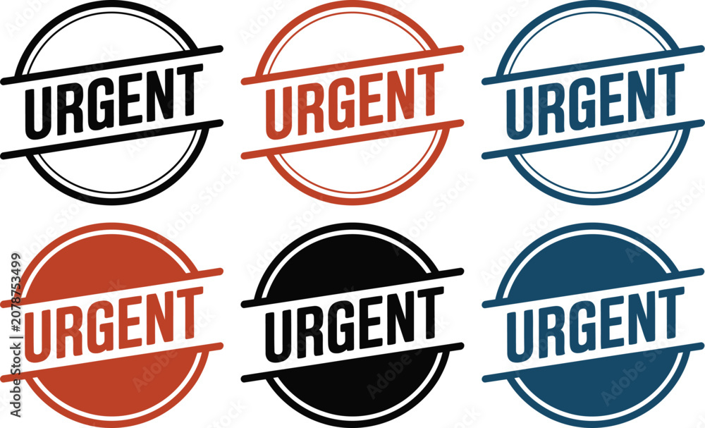 Fototapeta premium Urgent labels featuring bold text within circular frames emphasize the importance of immediate attention.
