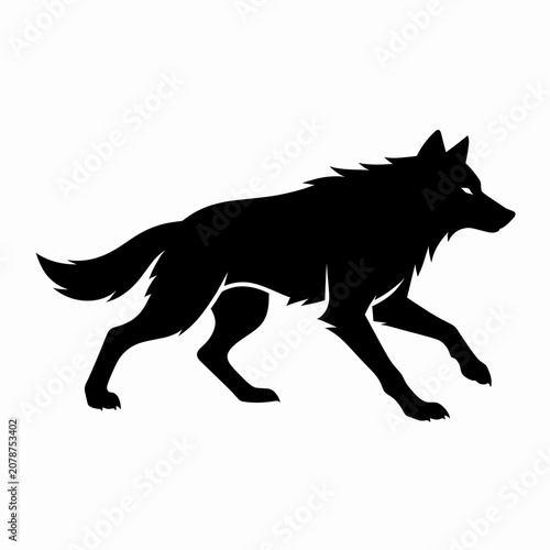 Silhouette of a Running Wolf in Motion Against White Background