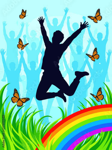 Silhouette of Person Jumping over Rainbow with Butterflies and Cheering Crowd