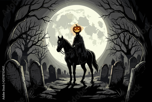 Spooky Rider on Horseback under Full Moon in Haunted Cemetery