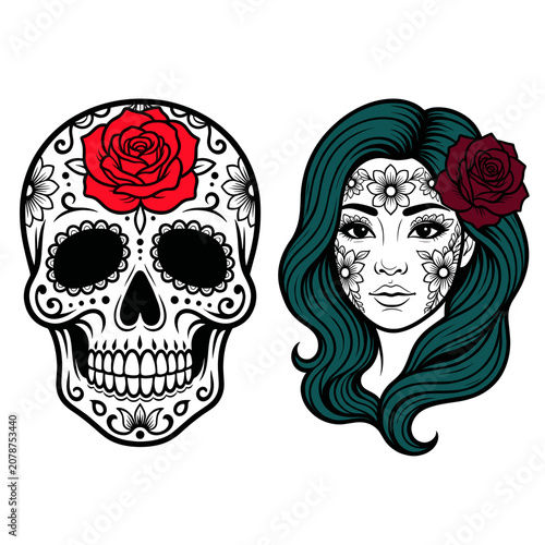 Sugar Skull and Woman with Floral Makeup Illustration