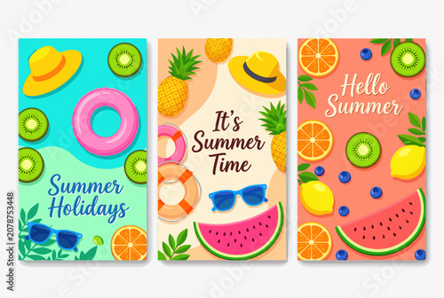 Summer Vacation Posters Featuring Fruit and Swimwear Designs
