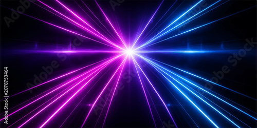 Foto Abstract neon laser light show with pink and blue beams emanating from a central bright starburst on a dark background, creating a futuristic and energetic atmosphere