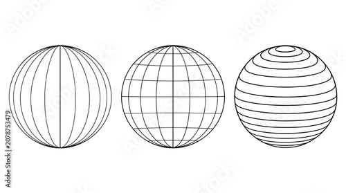 Three Geometric Wireframe Spheres in Minimalist Line Art Style