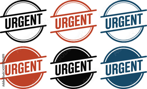 Fotografi Urgent labels featuring bold text within circular frames emphasize the importance of immediate attention