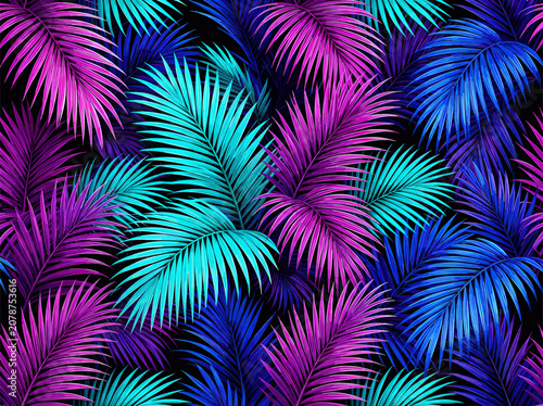 Vibrant Neon Palm Leaves Pattern Against Black Background
