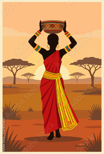 Woman Carrying Bowl on Head in African Savanna Sunset