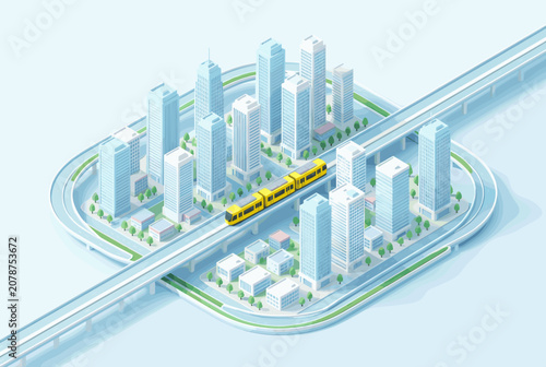 Yellow Train Traveling Through Futuristic Cityscape Illustration