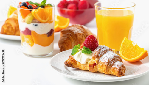 Elegant breakfast setting with a fruit parfait, decorated croissant with cream and raspberry, and orange juice