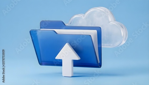 Cloud storage upload concept with blue folder and upload arrow icon