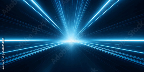 Fotografía A bright blue light burst at the center of the image, emitting lines of light that stretch out into the distance, creating an abstract futuristic background