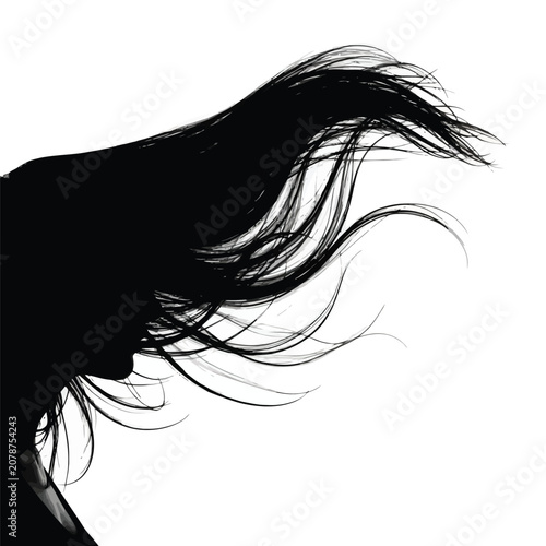 Woman with blowing dark hair.