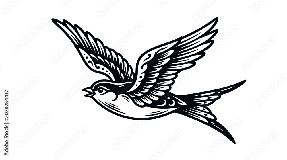 Naklejka premium Tattoo Style Flying Swallow Bird Vector Illustration