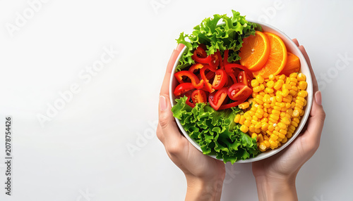 Hands holding a healthy salad bowl with lettuce, bell peppers, corn, orange, and tomatoes