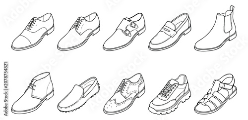 Foto Men's Shoes Vector Line Art Collection, 10 Hand-Drawn Footwear Icons
