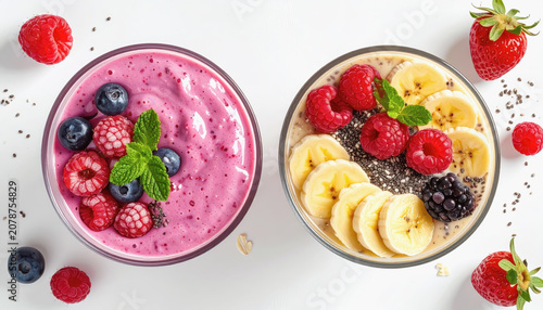 Two Smoothie Bowls: Berry and Banana-Chia Seed with Fresh Fruits
