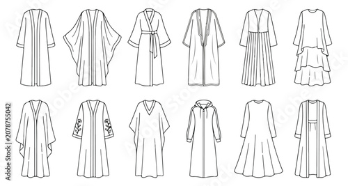 Fotografía Fashionable women's kaftan dress vector collection, elegant long sleeve tunic and robe designs, stylish resort wear and modest apparel illustrations
