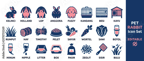 Photos Pet rabbit care and breed icons featuring food housing and supplies