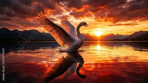 A white swan spreads its wings on a serene lake at sunset with mountains in the background and a vibrant sky.