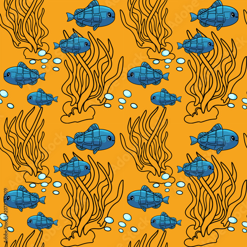 Blue fish swimming among seaweed underwater pattern