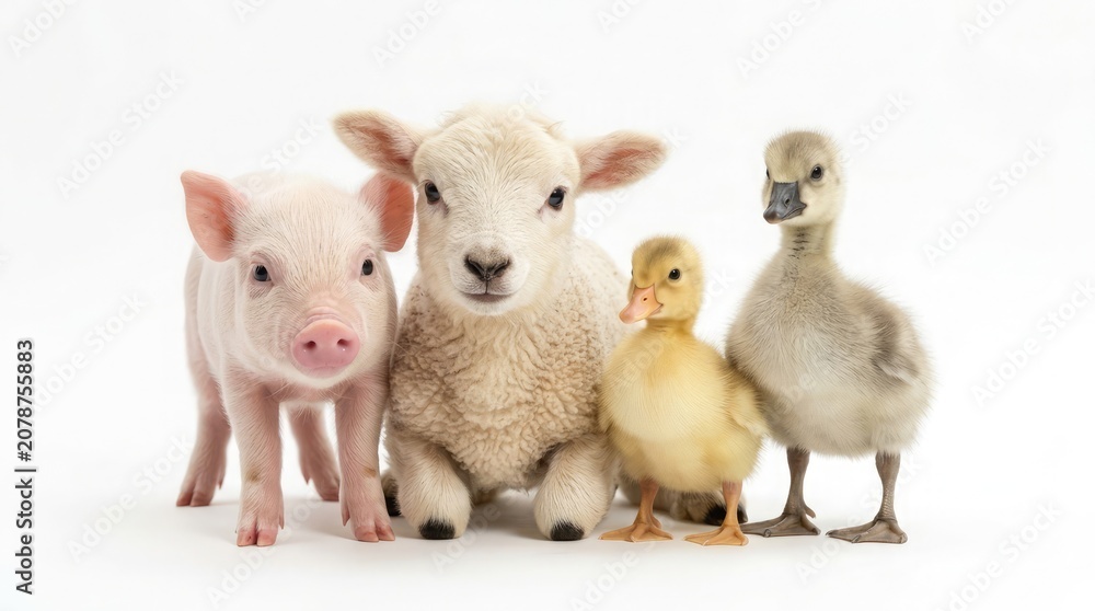 Fototapeta premium Cute young farm animals, a piglet, a lamb, a duckling, and a gosling, are standing together on a surface.